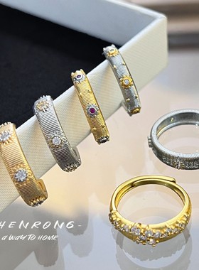意大利织纹雕金工艺手工拉丝宫廷风双色金小中古微镶满钻戒指女