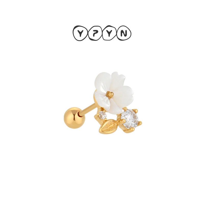 一撇一捺YPYN单只耳钉10K金耳骨钉母贝花朵耳环白色耳饰高级感