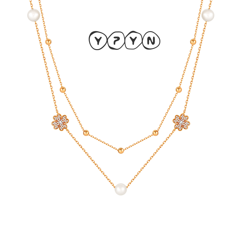 一撇一捺YPYN幸运四叶草系列玫瑰金色项链叠戴双层925银淡水珍珠