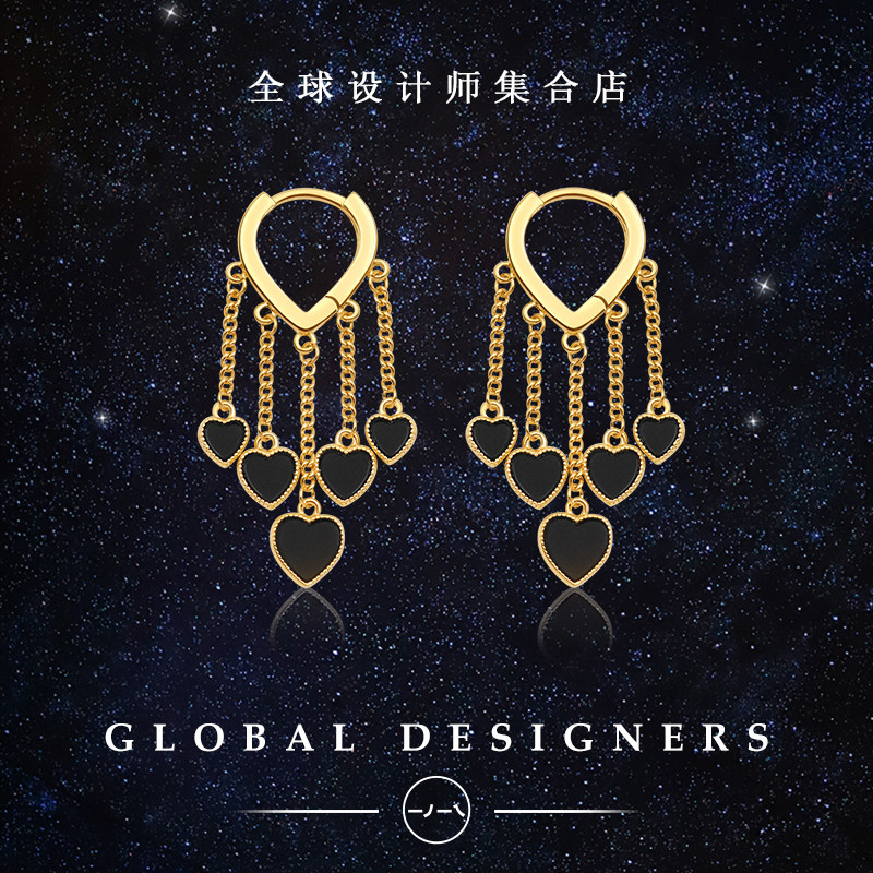 一撇一捺流苏黑色桃心耳扣玛瑙耳饰爱心耳环小众设计感高级冷性风