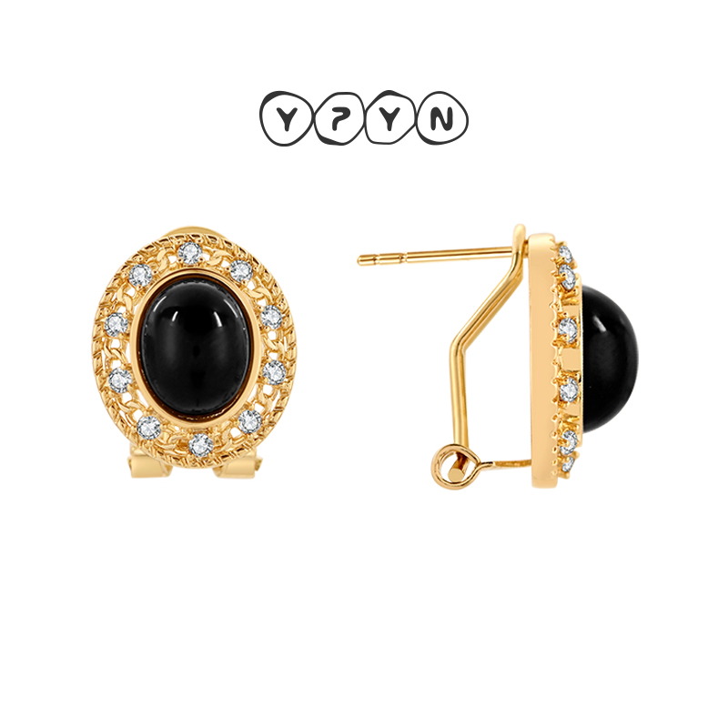 一撇一捺黑色椭圆耳钉K金耳针