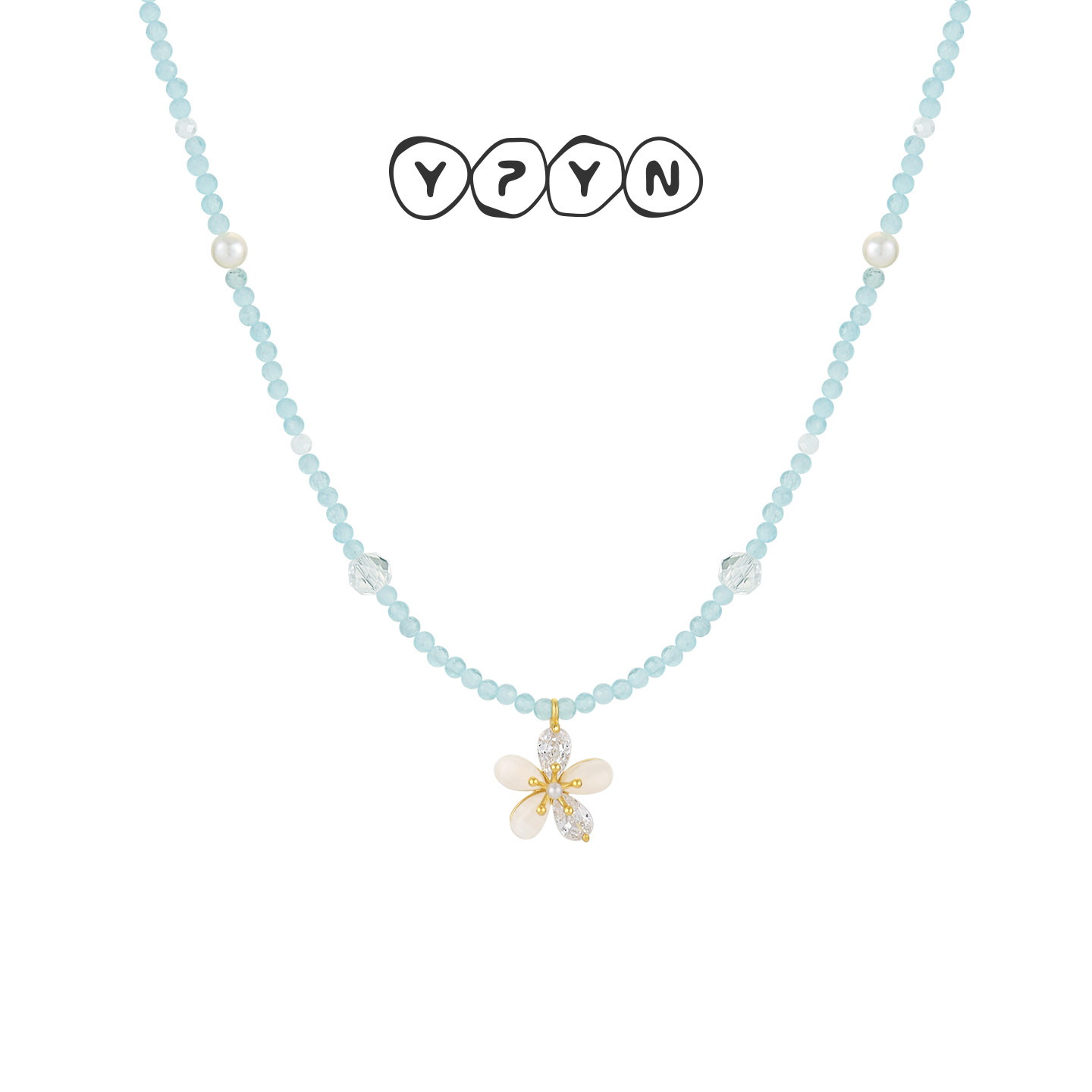 一撇一捺YPYN春日清新项链女淡水珍珠颈饰925银蓝绿色小花花吊坠
