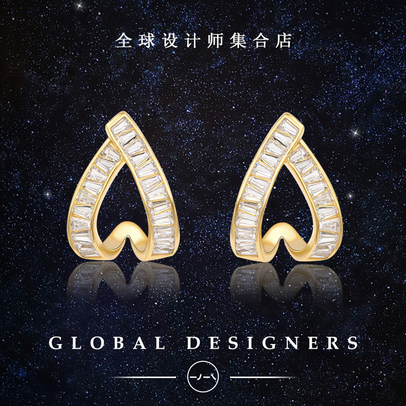 一撇一捺双V字母耳钉女10K金耳针S925银水晶钻港风高级感耳饰秋款