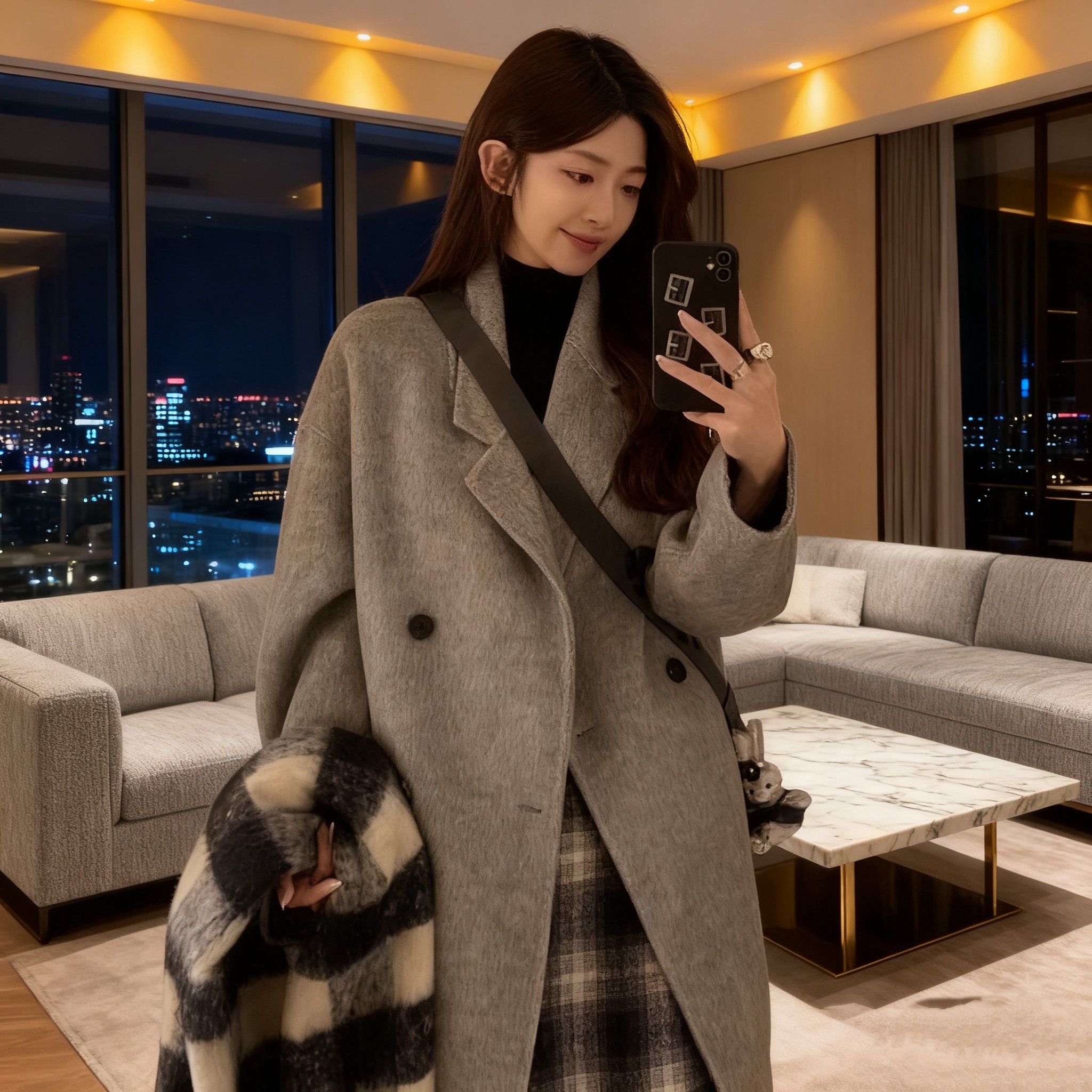 2025秋冬高级灰苏力阿尔巴卡羊驼毛大衣女长款宽松气质羊毛呢外套