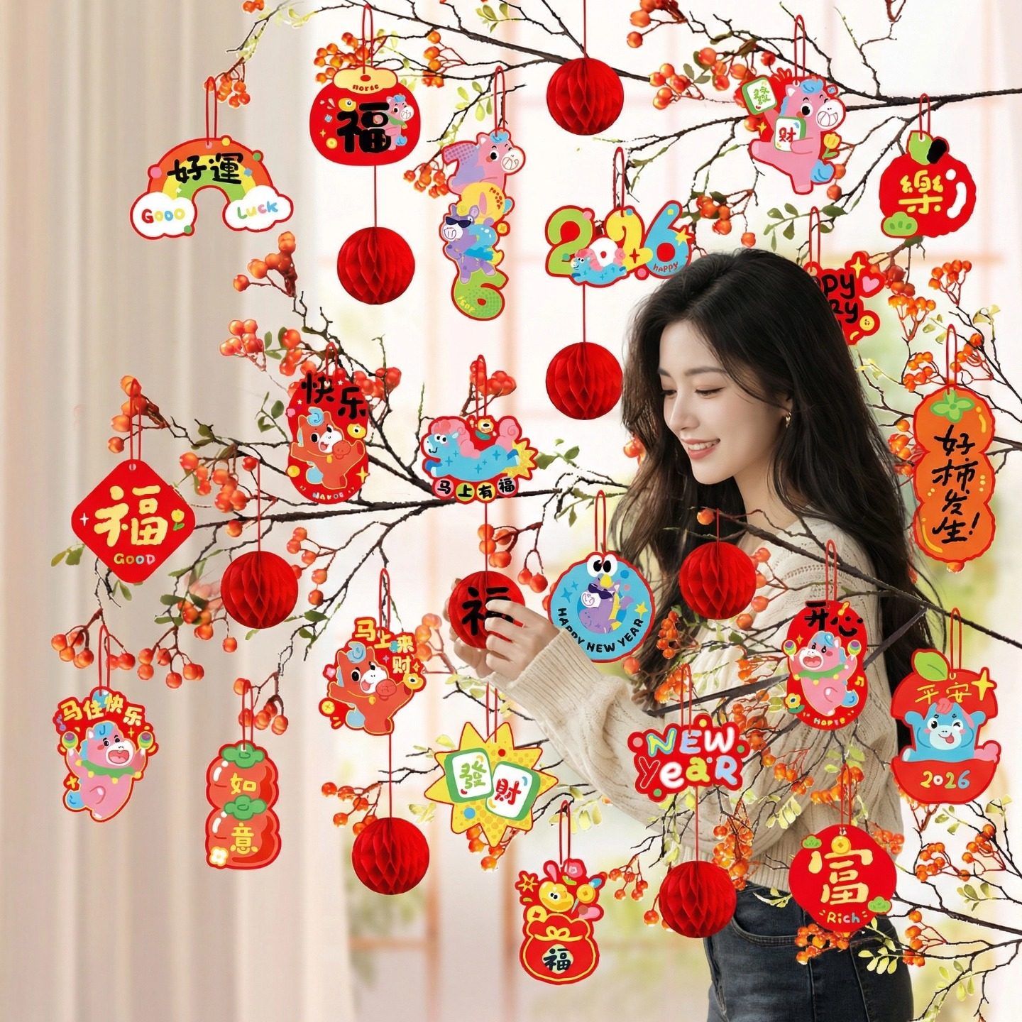 2026新年吊卡装饰春节盆景绿植小挂件新款创意小灯笼发财树装饰品