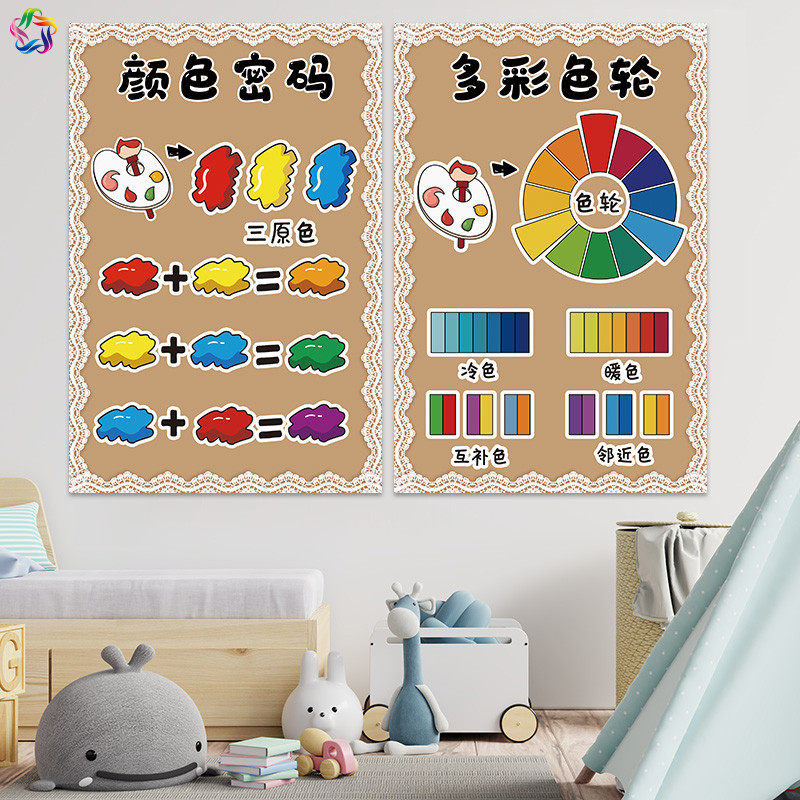 幼儿园美工美术绘画区角环创颜色形状黏土工具线描画影子主题贴画