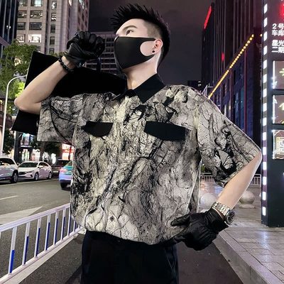 高级感冰丝衬衫男短袖休闲痞帅扎染拼接衬衣2025新款男士夏季上衣