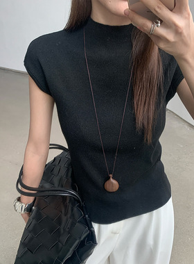 FONE简禾极简风纯色短袖针织衫女2025秋季设计感立领打底衫