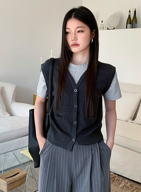 FONE简禾2025春季韩系短款V领小马甲拼接假两件短袖针织衫女