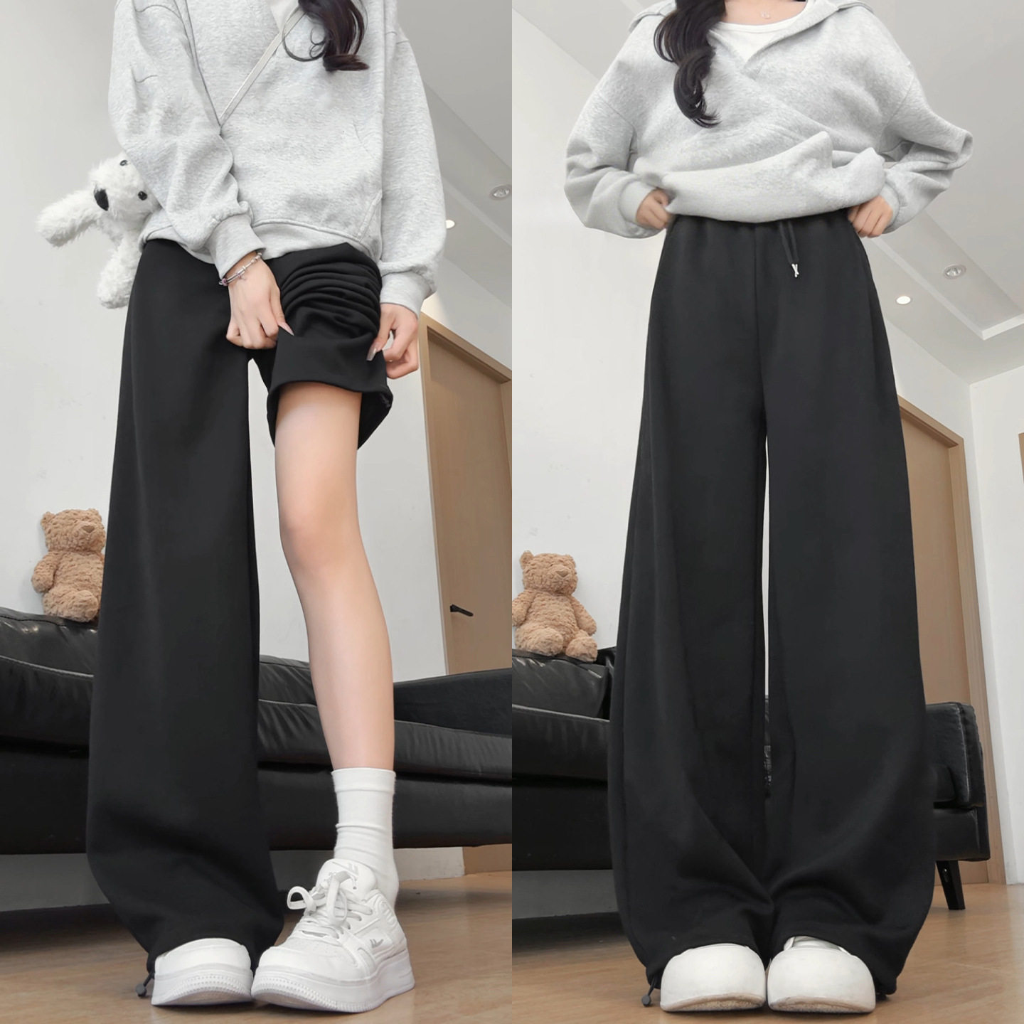 黑色美式运动裤女裤2025新款春秋季阔腿束脚秋冬季加绒休闲卫裤子,女装/女士精品,休闲裤,淘宝优惠券,粉丝福利购,淘宝优惠卷