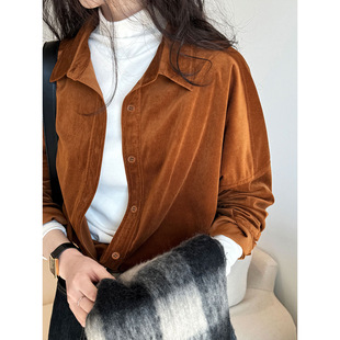 女2025春季 鹿西日系极简加厚磨毛灯芯绒衬衫 内搭打底叠穿衬衣