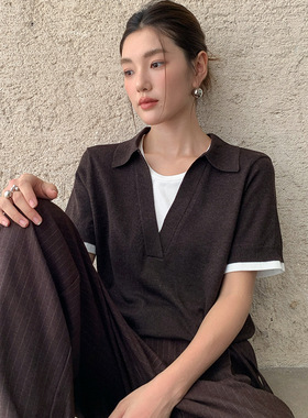 FONE简禾复古拼接假两件T恤女2025秋季POLO领休闲短袖针织衫