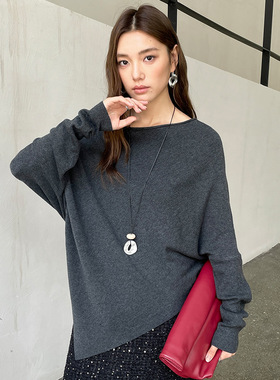 FONE简禾极简风宽松灰色针织衫女冬季洋气不规则蝙蝠袖上衣