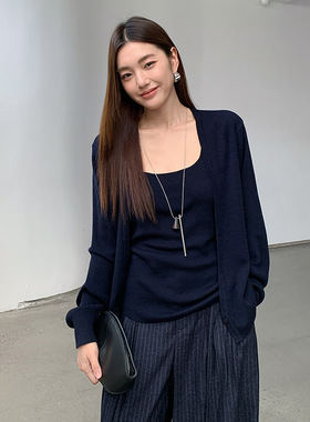 FONE简禾极简风一粒扣针织开衫女2025秋季深V领叠穿毛衣外套