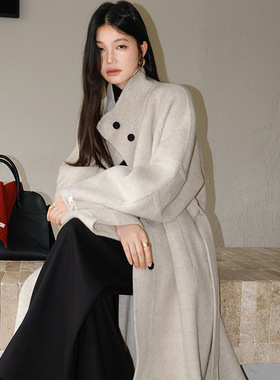 fone简禾2024冬新款气质灰色双面羊绒大衣感长款外套女