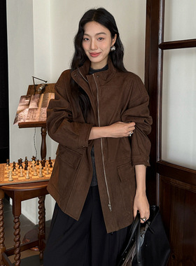 FONE简禾复古环保麂皮工装夹克女2025秋冬中长款H型立领外套