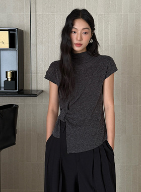 FONE简禾极简风立领针织衫女2025秋季设计感扭结弹力短袖T恤