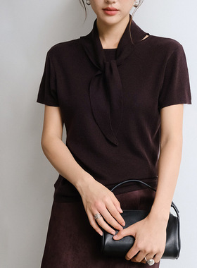 FONE简禾洋气绑带设计感短袖T恤女2025秋季韩系休闲针织上衣