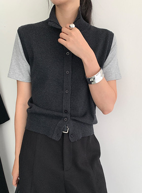 FONE简禾2025秋季新款休闲百搭假两件短袖撞色高领针织衫女