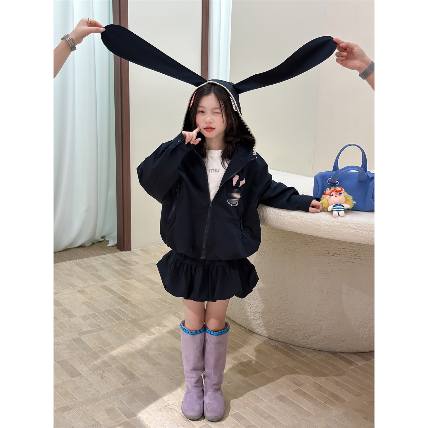 女童可爱长兔耳朵连帽外