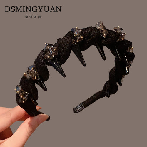 法式高颅顶防滑带齿褶皱水晶发箍