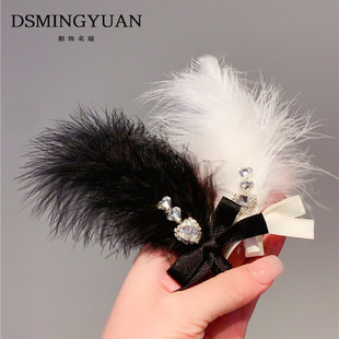 纯欲风~鸵鸟羽毛发夹网红碎发侧边鸭嘴夹气质发卡子仙气毛毛头饰