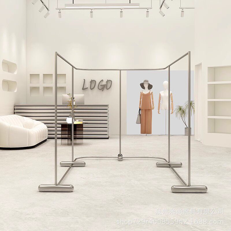 服装店展示架不锈钢拉丝U型半圆弧形中岛架包柱子靠墙落地陈列架