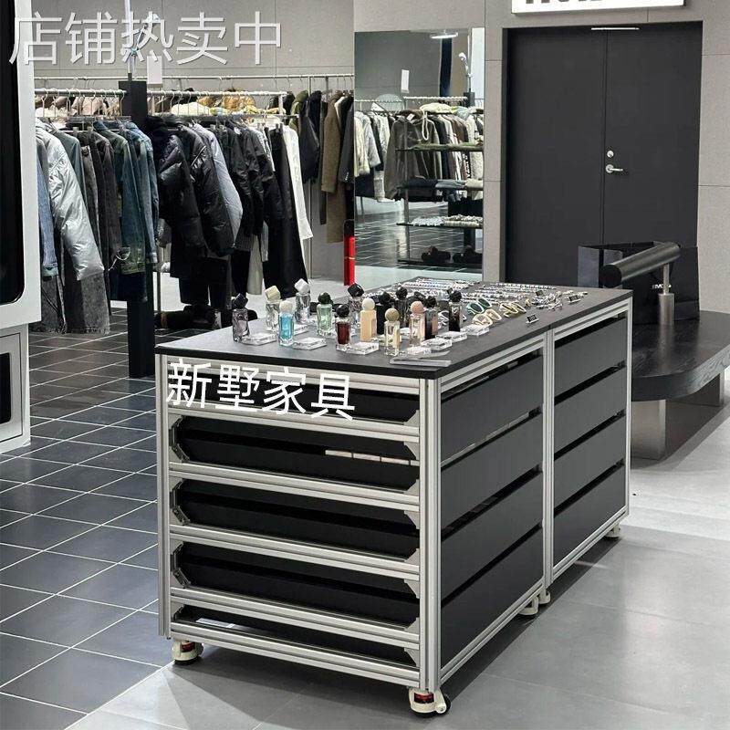服装店铝型材移动中岛台展示台置物架桦木多层板展示架落地收纳柜