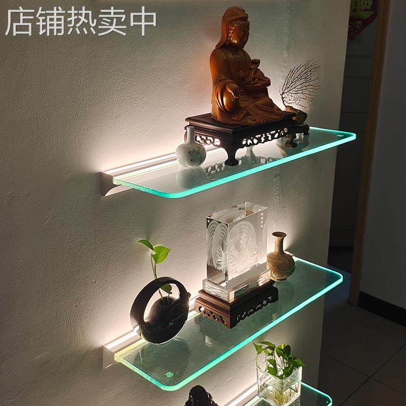 7Tled发光置物架 一字挂墙壁式夹玻璃层板搁板灯酒柜鞋包手办展示