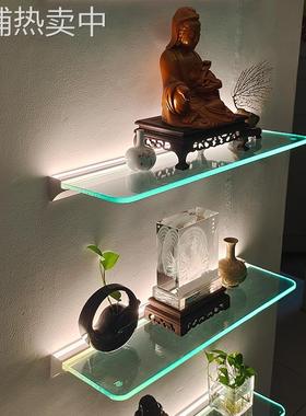 7Tled发光置物架 一字挂墙壁式夹玻璃层板搁板灯酒柜鞋包手办展示