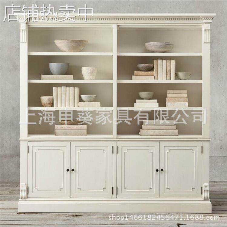 美式乡村橡木实木书柜法式做旧书橱展示柜客厅古董柜家具全屋家具