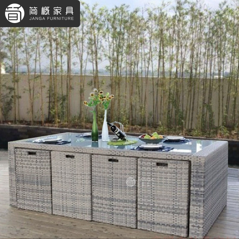 户外庭院收纳桌椅别墅阳台休闲藤桌椅套装室外花园防水防水藤桌椅