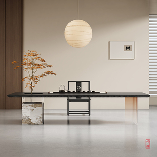 阳台岩板茶桌景观一体茶台设计师极简实木大板泡茶桌客厅碳化茶几