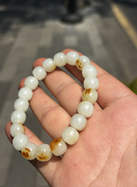 10mm正宗新疆和田玉籽料白玉老型珠黄沁皮单珠散珠圆珠手串手链