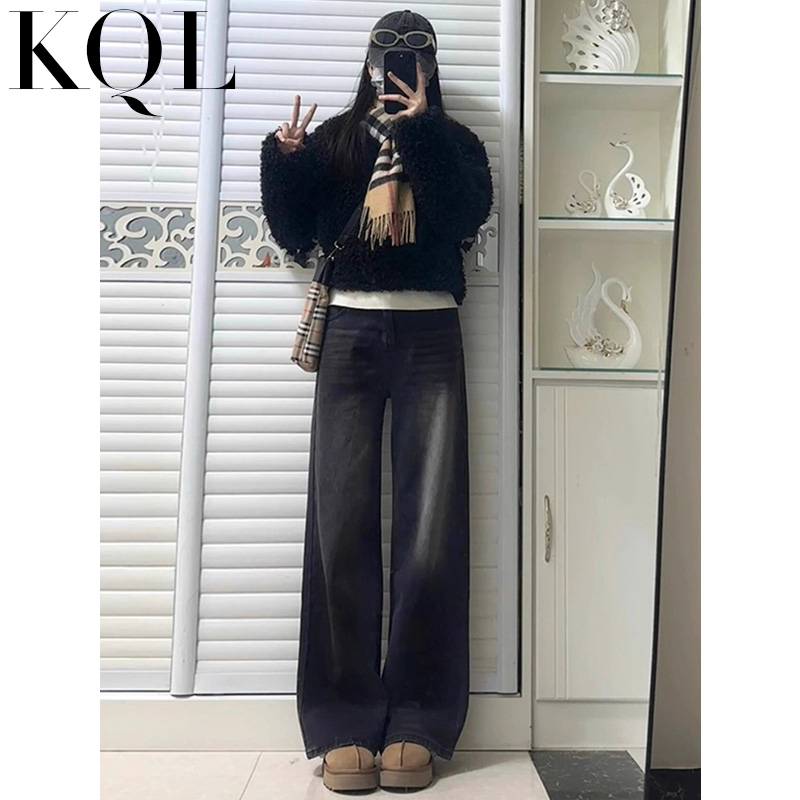 阔腿牛仔裤女高腰黑灰色直筒裤