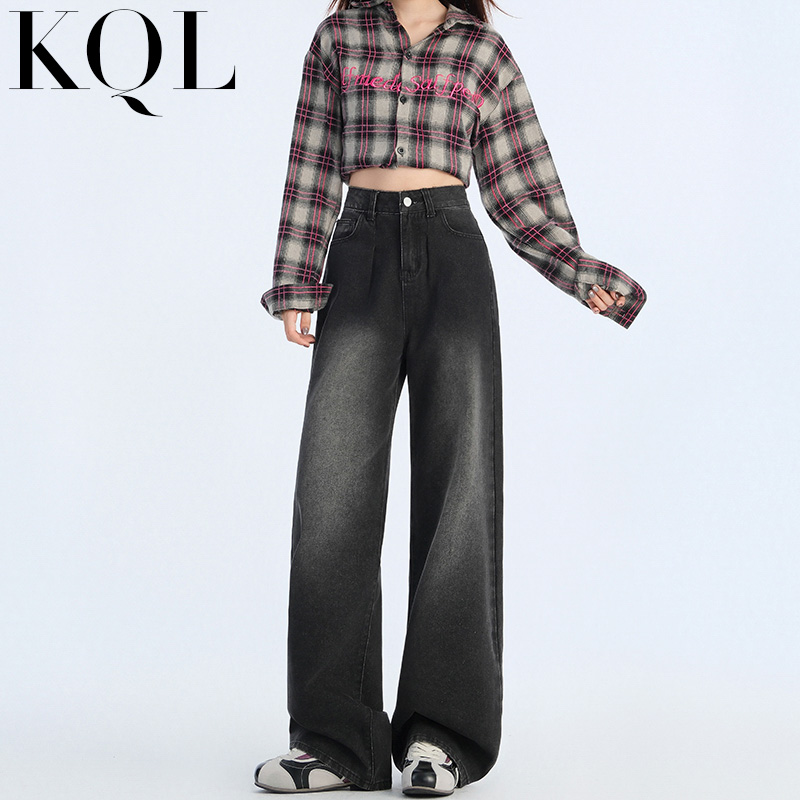 高腰阔腿牛仔裤女加绒直筒拖地裤