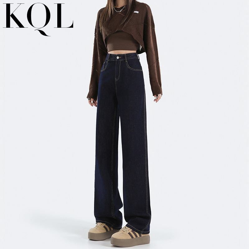 阔腿牛仔裤女高腰加绒直筒拖地裤