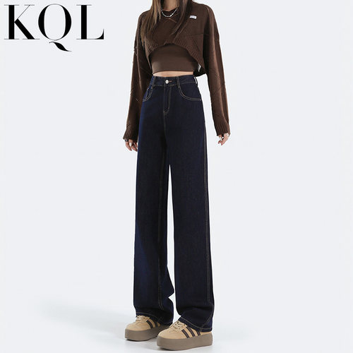 阔腿牛仔裤女高腰加绒直筒拖地裤