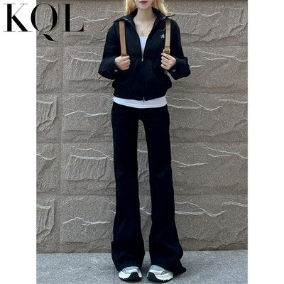 黑色微喇牛仔裤女不贴腿直筒显瘦