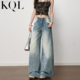 高街宽松显瘦加长直筒拖地裤 水洗浅蓝色阔腿牛仔裤 女高腰垂感美式