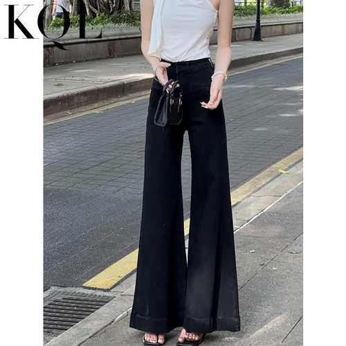 高腰微喇牛仔裤女黑色阔腿喇叭裤