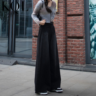 黑灰色阔腿牛仔裤女春秋季新款宽松高腰喇叭大裤腿显瘦垂感拖地裤