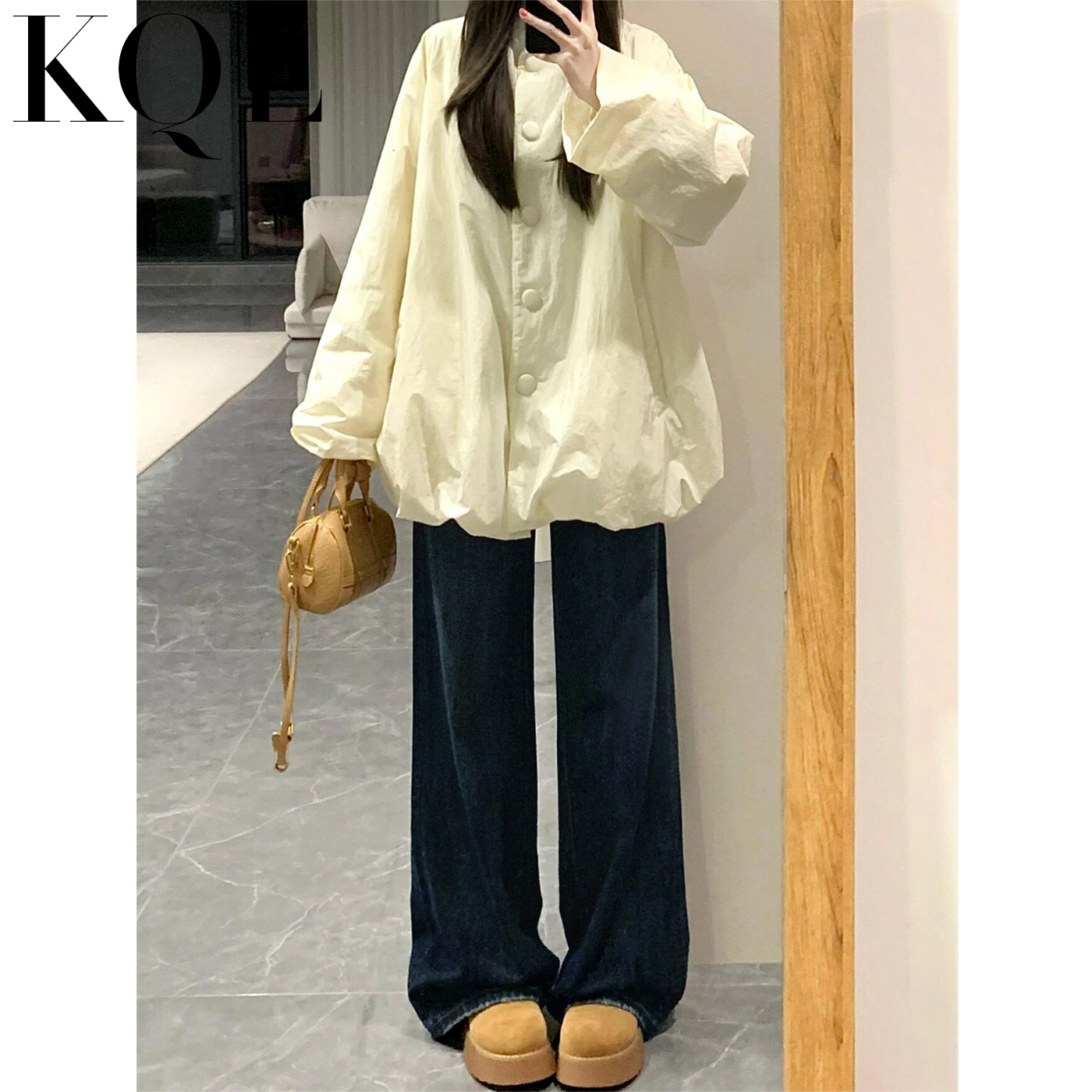 加绒阔腿牛仔裤女高腰宽松拖地裤