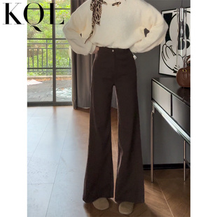 咖色加绒微喇牛仔裤女秋冬季新款高腰弹力显瘦小个子不贴腿喇叭裤