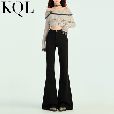 黑色微喇牛仔裤女加绒拖地喇叭裤