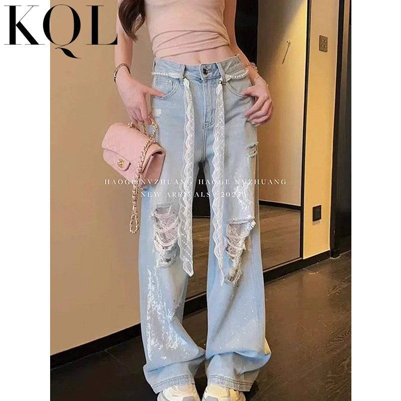 浅色破洞蕾丝阔腿牛仔裤女2025年夏季新款设计感宽松显瘦直筒裤子,女装/女士精品,牛仔裤,淘宝优惠券,粉丝福利购,淘宝优惠卷