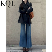 不贴腿微喇牛仔裤 高腰宽松弹力显瘦复古色小个子喇叭裤 女秋季 新款