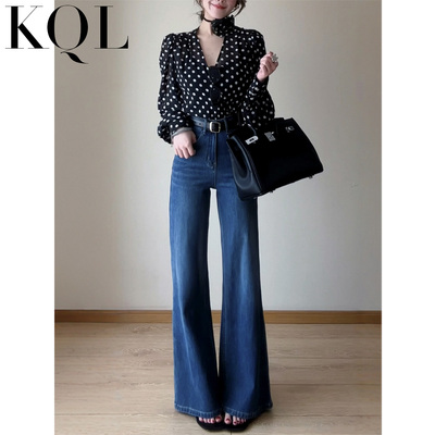 高腰不贴腿微喇牛仔裤女复古显瘦