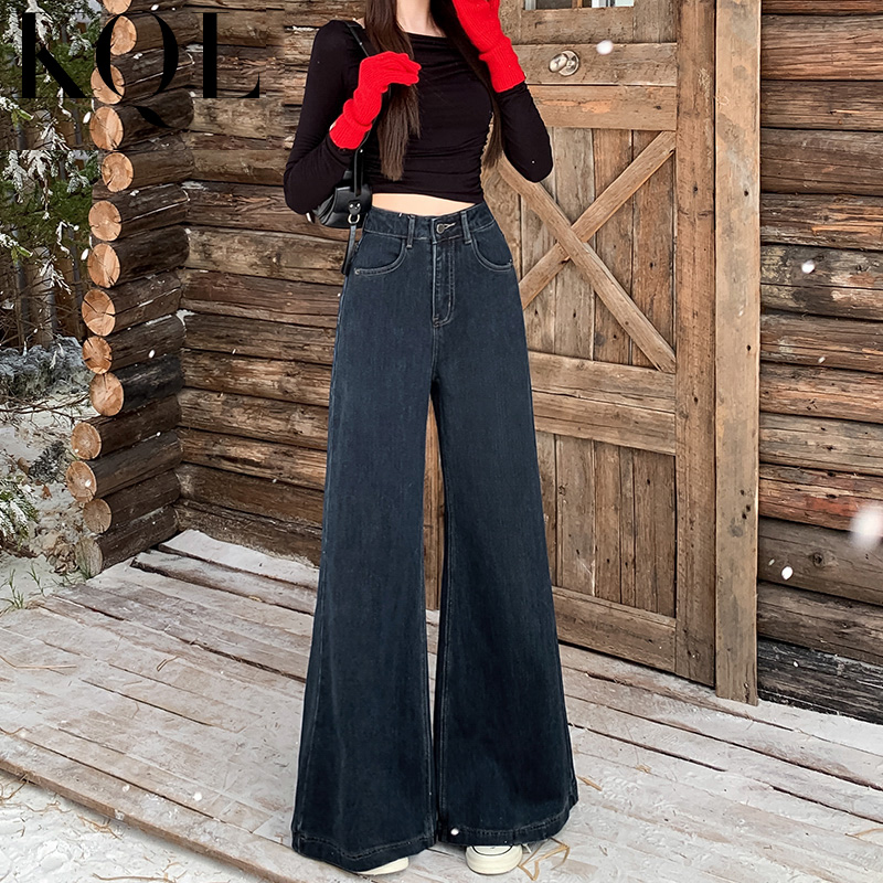 高腰微喇牛仔裤女加绒阔腿喇叭裤