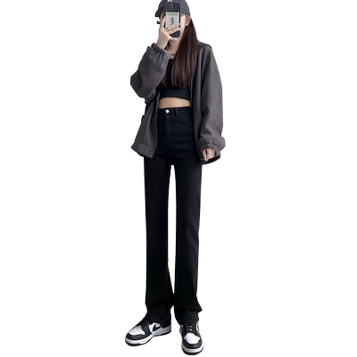 黑色直筒牛仔裤女高腰加绒烟管裤